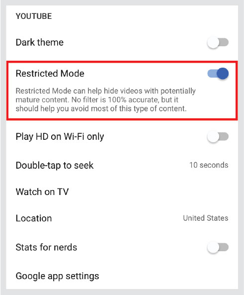 Mobile Setting Menu with Restricted Mode Highlight
